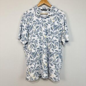 Travis Mathew Polo Shirt Mens 2XL White Blue Leaf Print Pima Cotton Golf‎ Casual